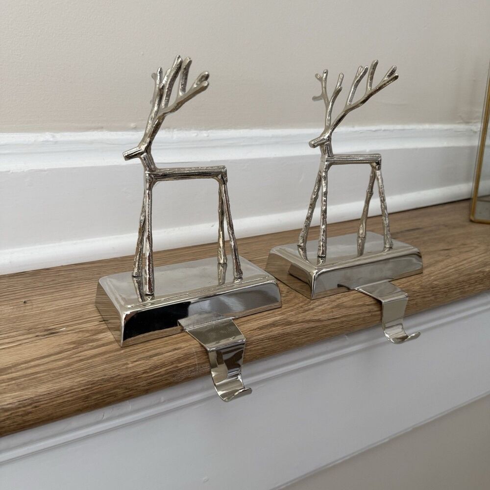 Pottery Barn Set of 2 Silver Tone Twig Reindeer Stocking Holders Weighted
